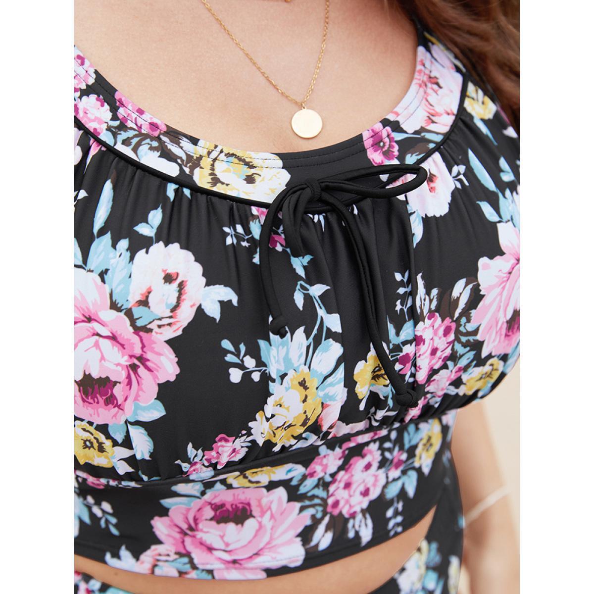 Plus Size Floral Ruched Knotted Crossover Back Tankini Top Women's Swimwear BlackFlower Vacation Adjustable Straps High stretch Skinny Curve Swim Tops BloomChic 14-16/1X Product Image