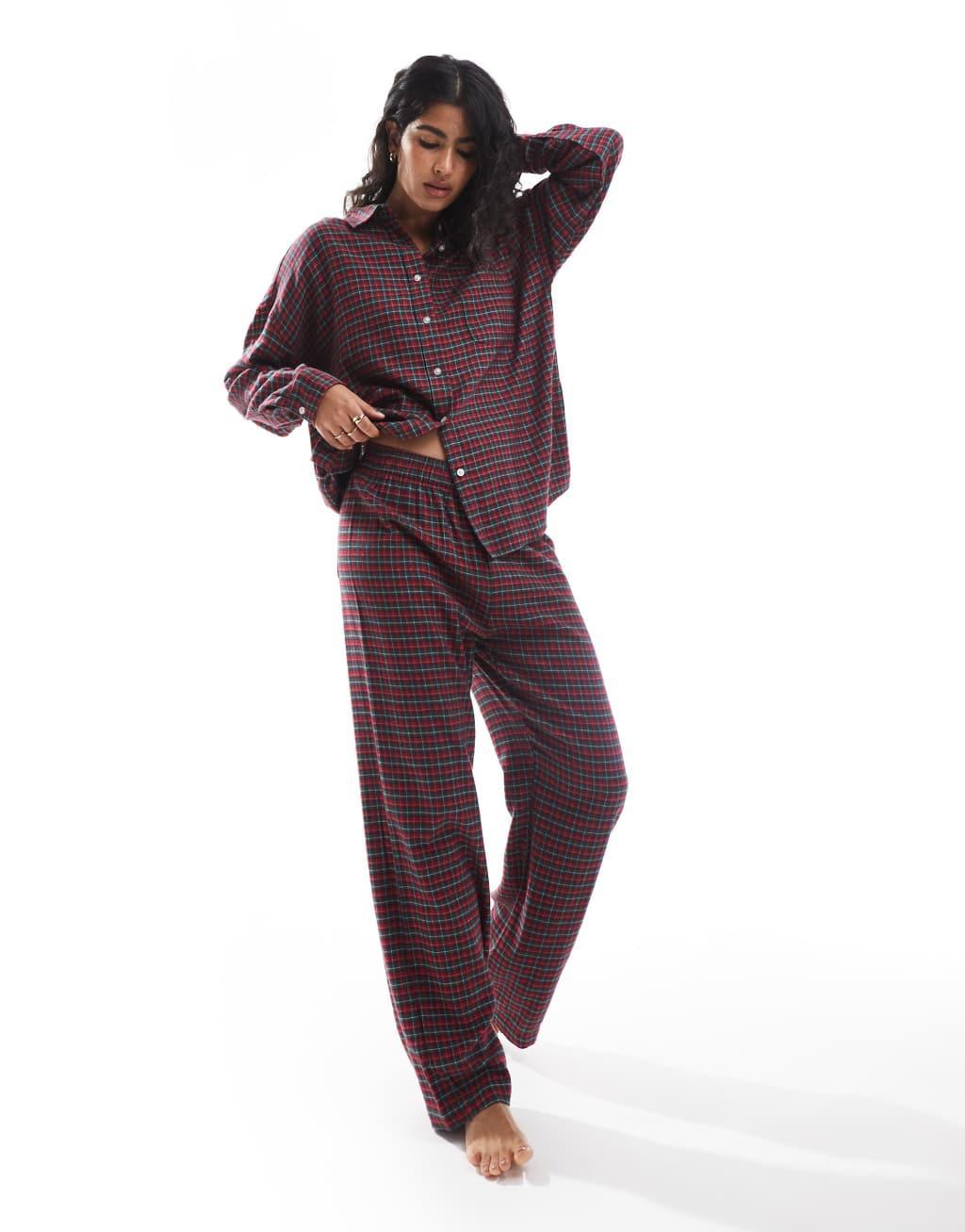 Cotton On relaxed flannel pajama shirt in red micro check set Product Image