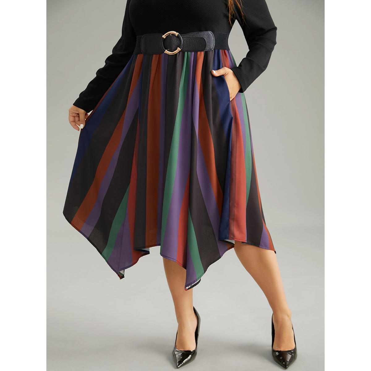 Plus Size Striped Colorblock Contrast Pocket Elastic Waist Dress Multicolor Women Office Patchwork Round Neck Long Sleeve Curvy Midi Dress BloomChic 26/4X Product Image