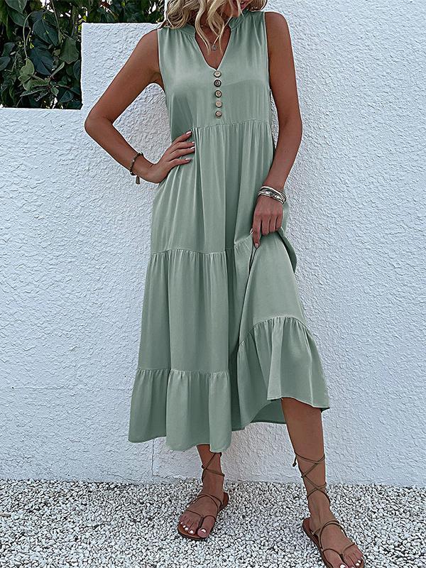 Loose Sleeveless Pleated Split-Joint V-Neck Midi Dresses Product Image