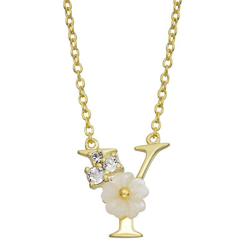 Brilliance Mother-of-Pearl Flower Initial Pendant Necklace, Womens Gold Tone W Product Image