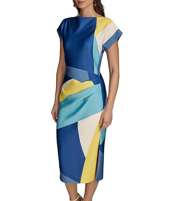 Donna Karan Short Sleeve Boat Neck Abstract Print Color Block Scuba Midi Sheath Dress Product Image