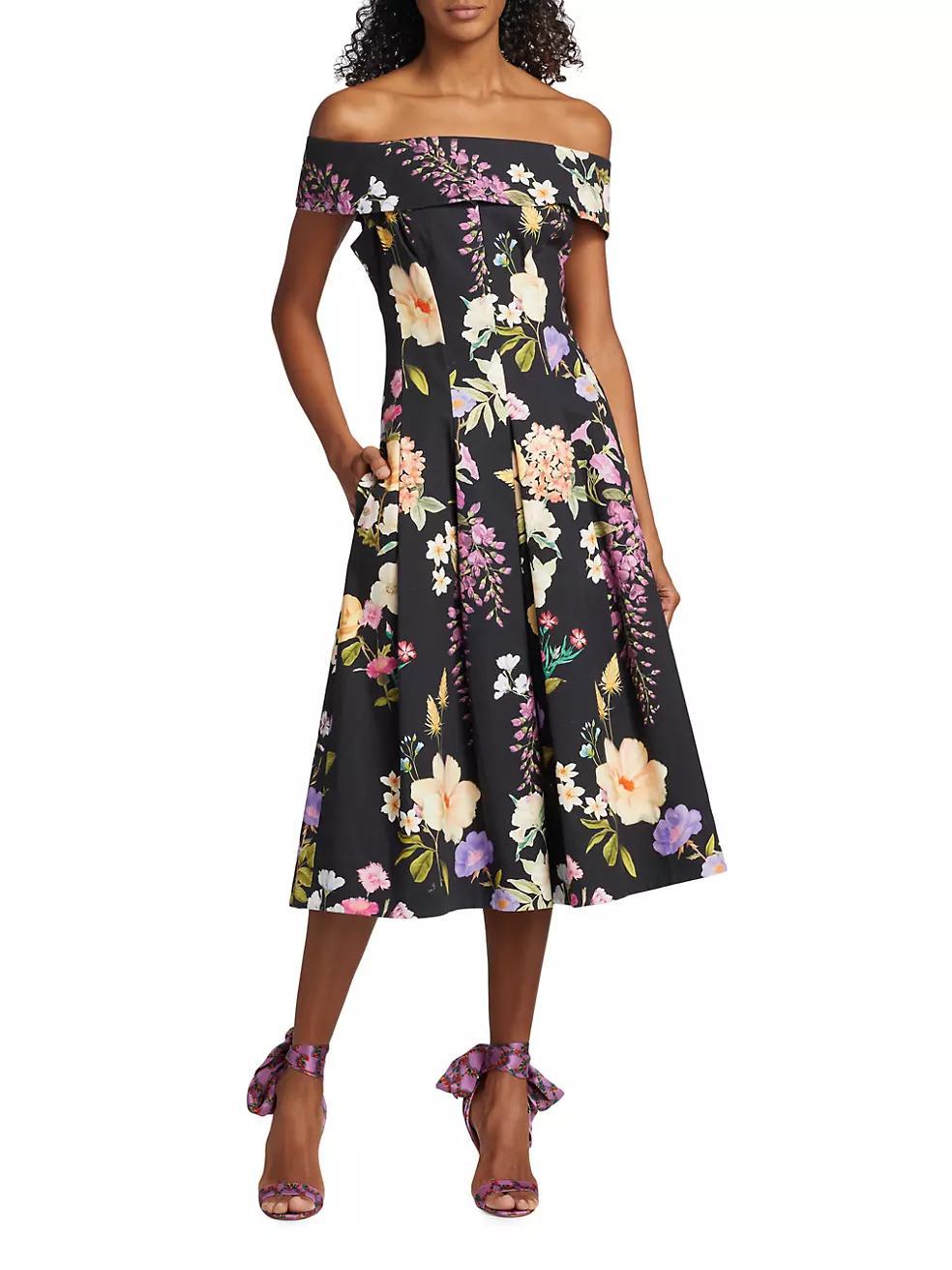 Pleated Floral Stretch Cotton Dress Product Image