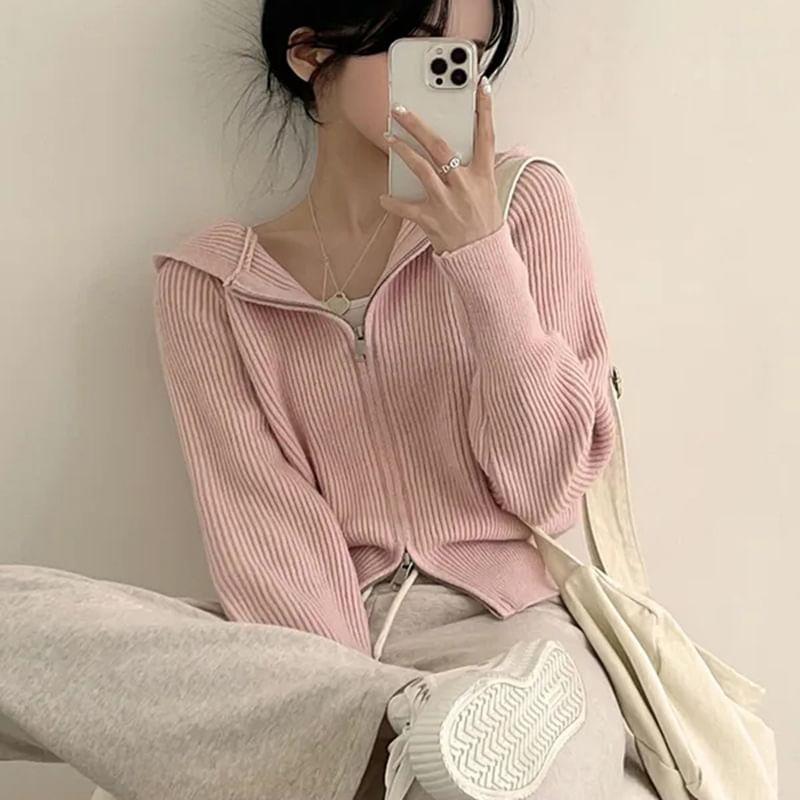 Plain Ribbed Zip-Up Knit Hoodie Product Image