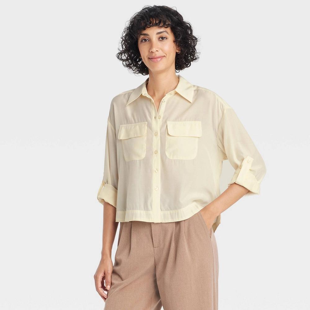 Womens Long Sleeve Button-Down Cropped Utility Shirt - A New Day Cream L Product Image