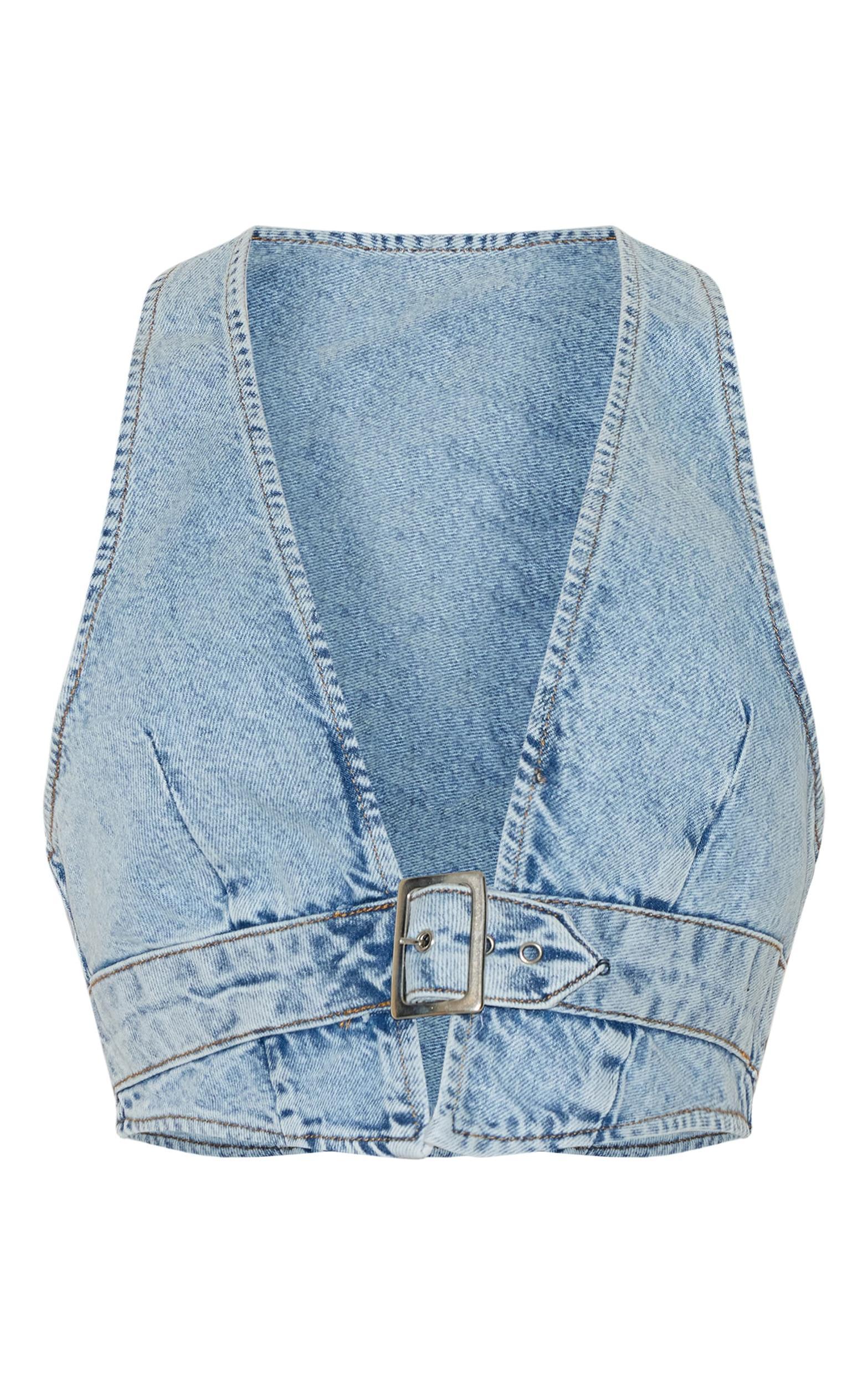 Light Blue Wash Buckle Front Denim Halterneck Top Product Image