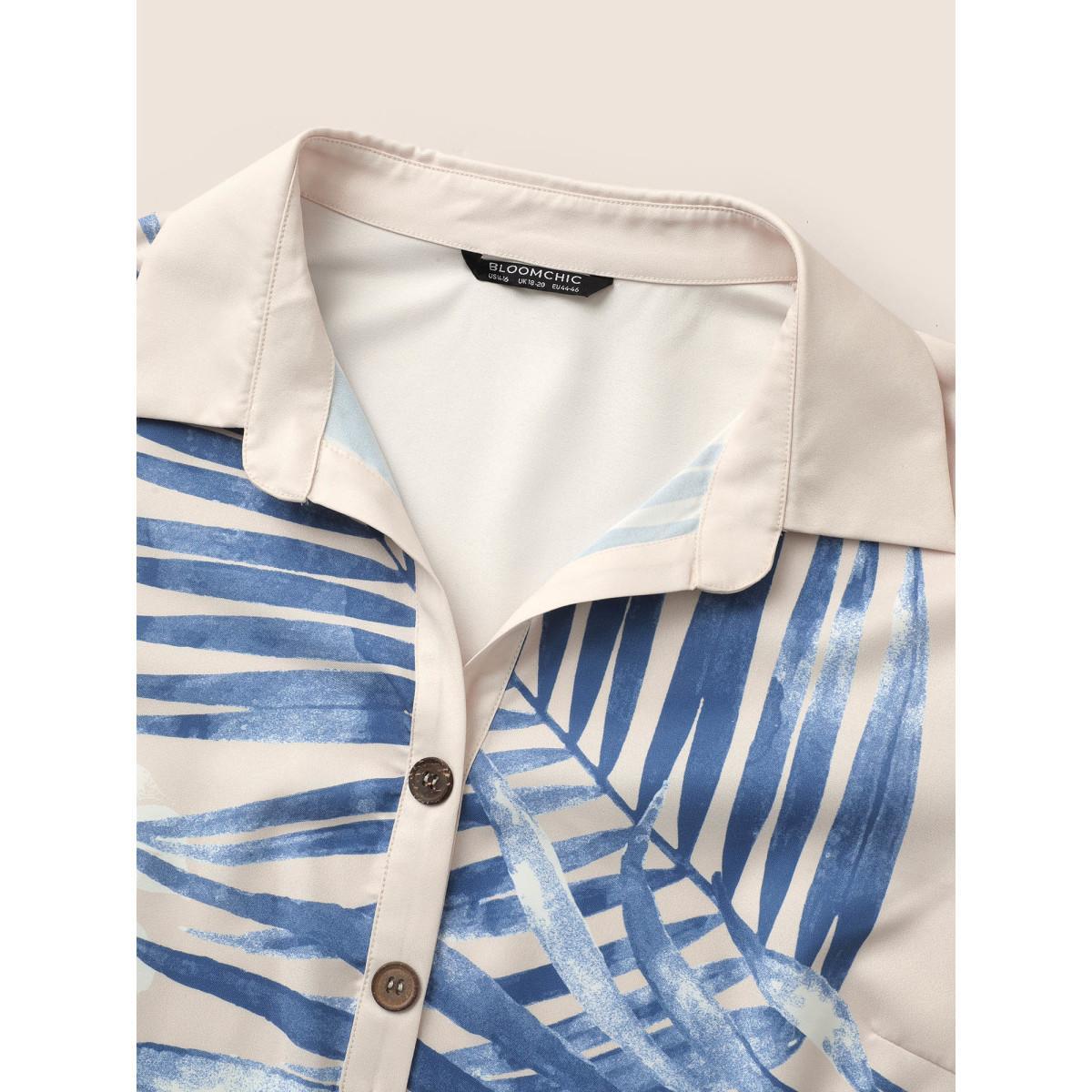 Plus Size Beige Tropical Print Button Up Tab Sleeve Blouse Women Casual Elbow-length sleeve Shirt collar Everyday Blouses BloomChic 22-24/3X Product Image