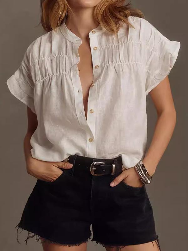 Loose Short Sleeves Pleated Ruffled See-Through Split-Joint Round-Neck Blouses&Shirts Tops Product Image