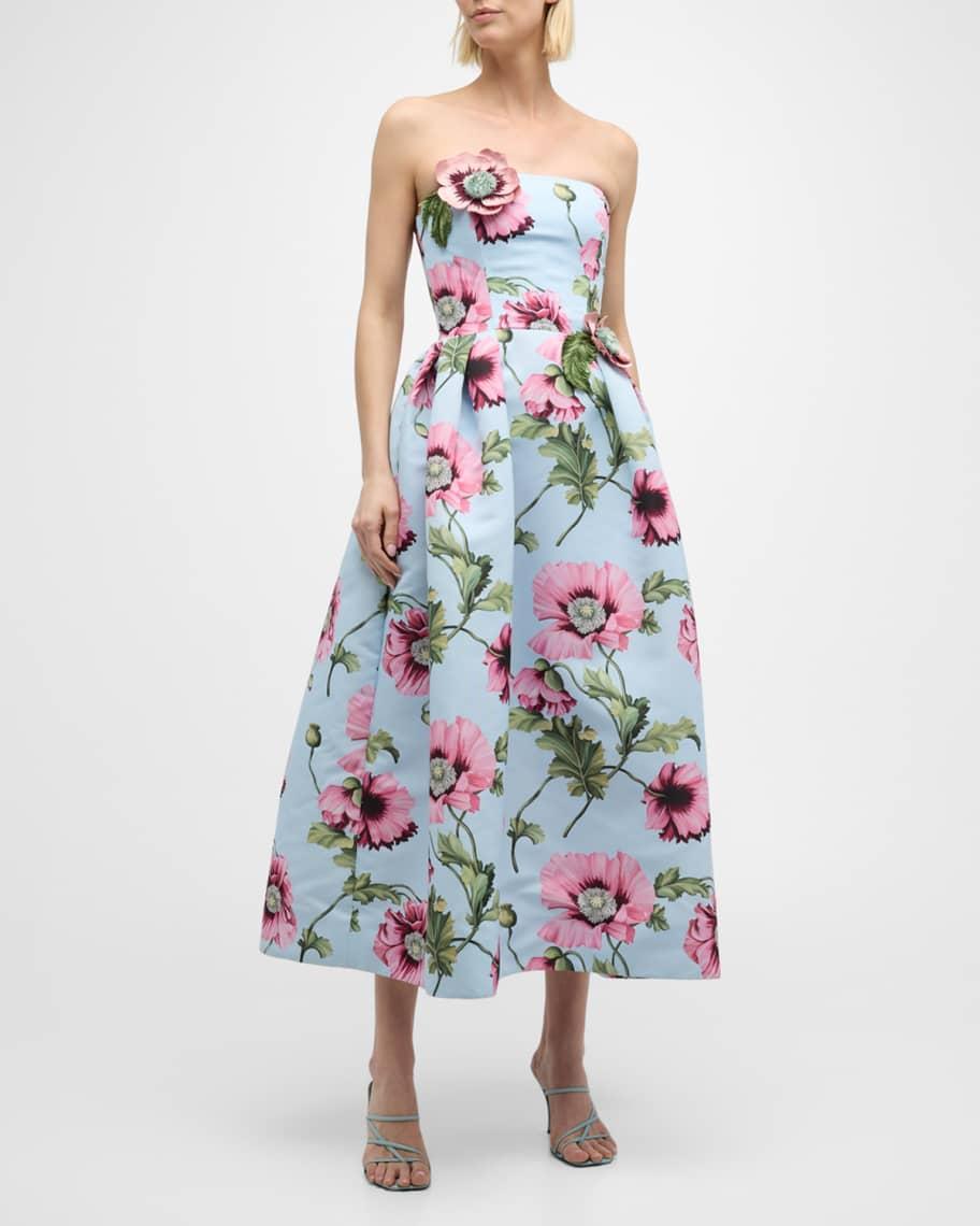 Flower Embroidered Strapless Poppies Faille Midi Dress Product Image