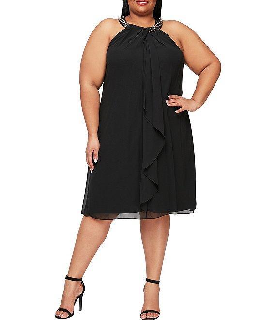 Ignite Evenings Plus Size Braid Bead Halter Neck Sleeveless Ruffle Chiffon Dress Product Image