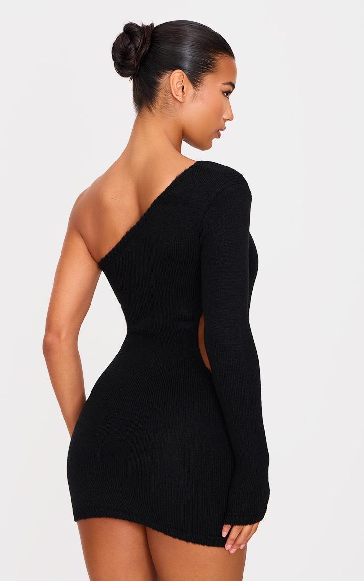 Black Soft Knit Trim Detail Cut Out One Shoulder Mini Dress Product Image