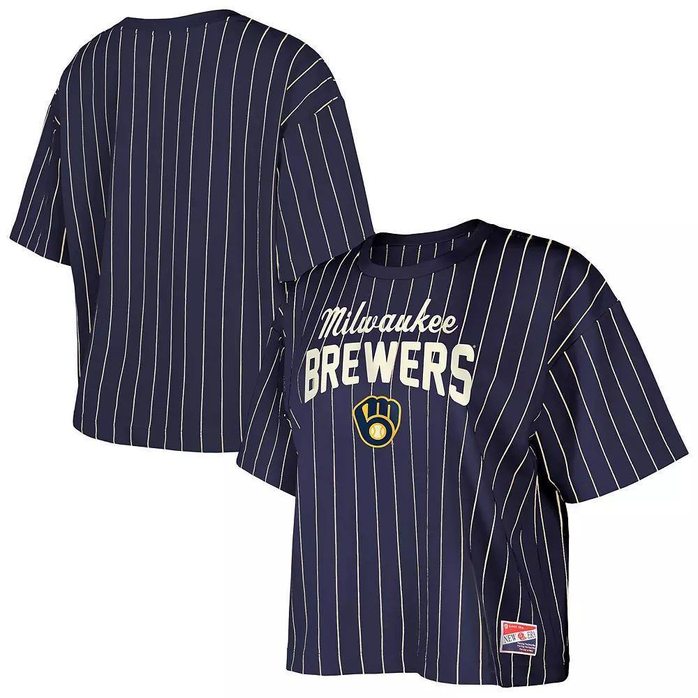 Women's New Era Navy Milwaukee Brewers Cooperstown Collection Multiplier Pinstripe Cropped T-Shirt, Size: Medium, Blue Product Image