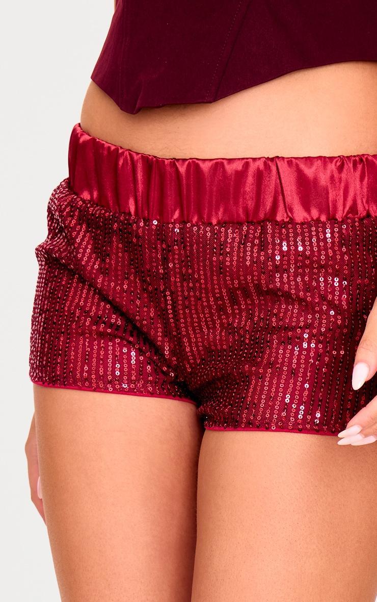 Burgundy Waistband Detail Sequin Mini Shorts Product Image