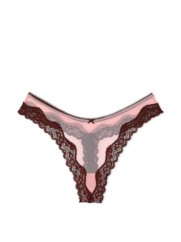 Tease Mesh Lace-Trim High-Leg Thong Panty Product Image