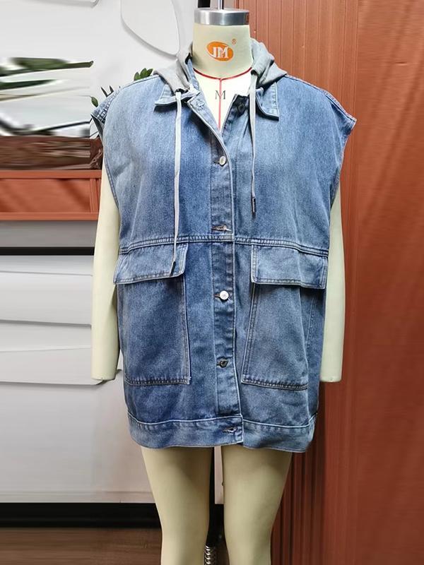 Loose Sleeveless Buttoned Detachable Hooded Pockets Split-Joint Lapel Collar Vest Outerwear Product Image