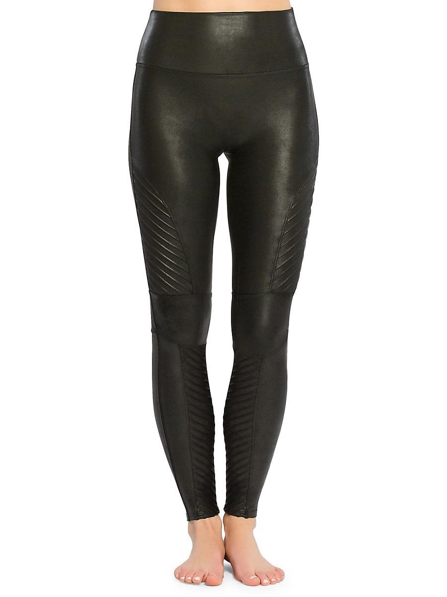 Spanx Petite leather look biker leggings in black Product Image