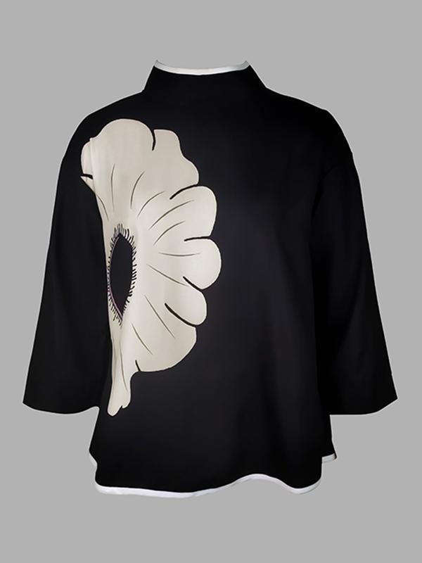A-line High-low Flower Print Mock Neck T-Shirts Tops Product Image