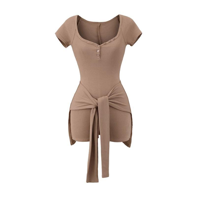 Set: Short-Sleeve V-Neck Plain Romper + Decorative Hem Product Image