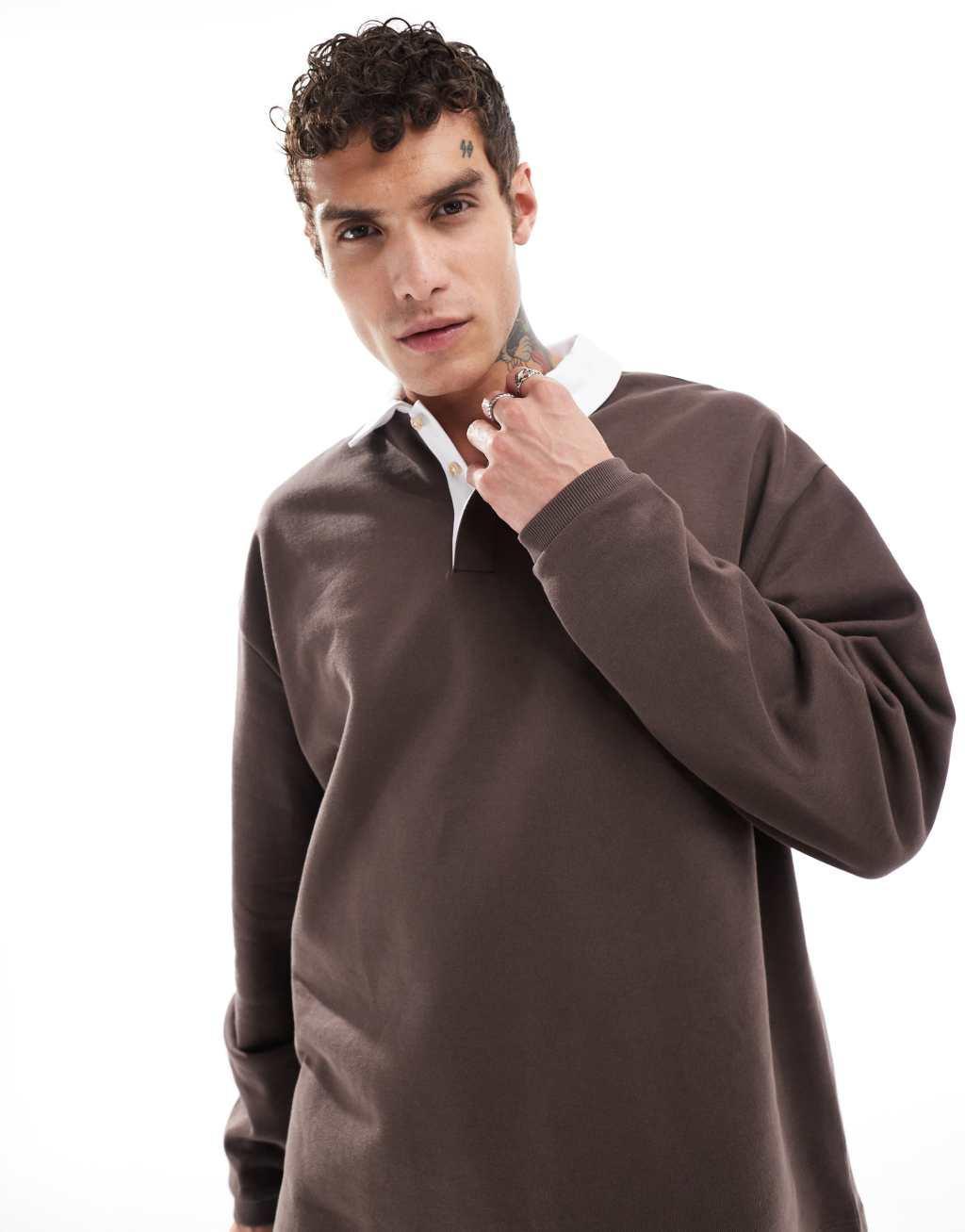 ASOS DESIGN oversized rugby polo sweatshirt in brown Product Image