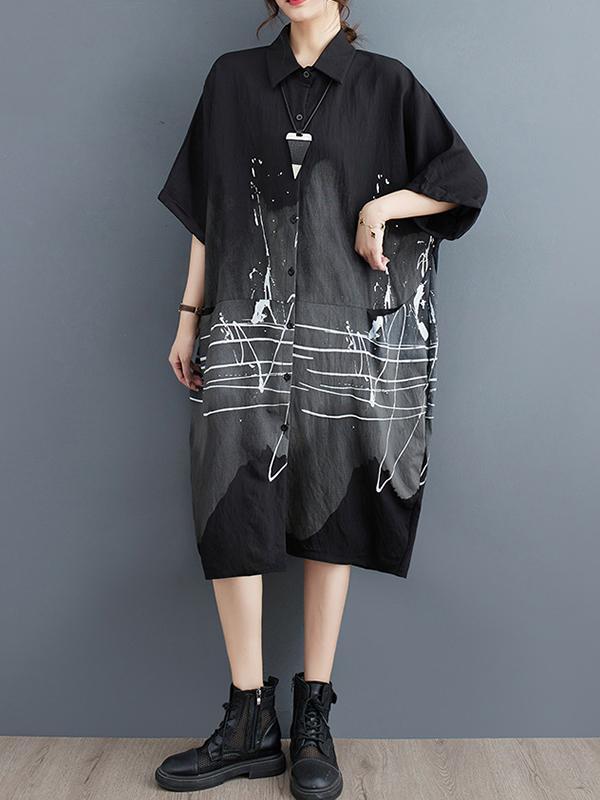 Half Sleeves Loose Printed Lapel Midi Dresses Product Image