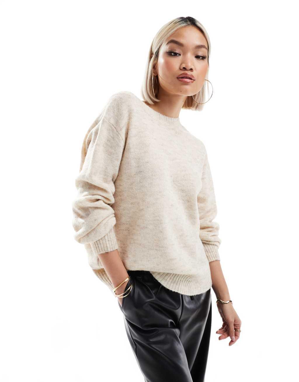 French Connection knitted sweater with twist back detail in taupe melange  Product Image