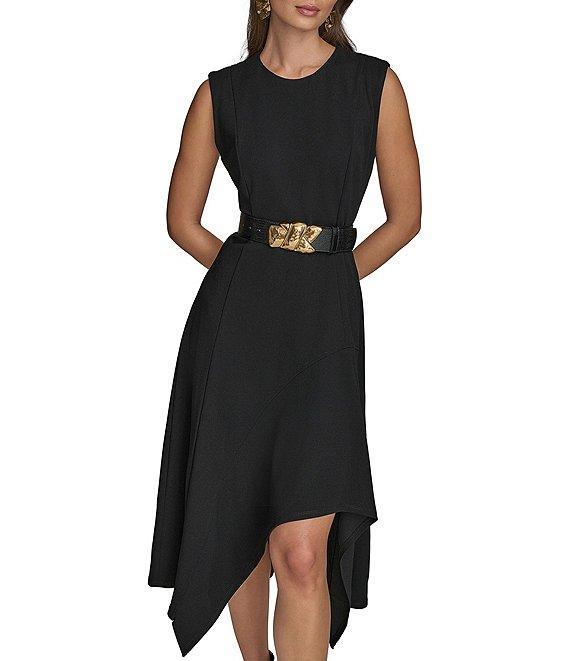 Donna Karan Crepe Crew Neck Sleeveless Belted Asymmetrical Hemline Midi Sheath Dress Product Image