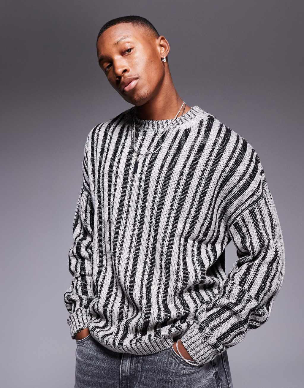 ASOS DESIGN relaxed knit sweater with ribbed stripe in gray Product Image