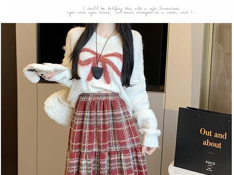 High Waist Plaid Midi Pleated A-Line Skirt Product Image