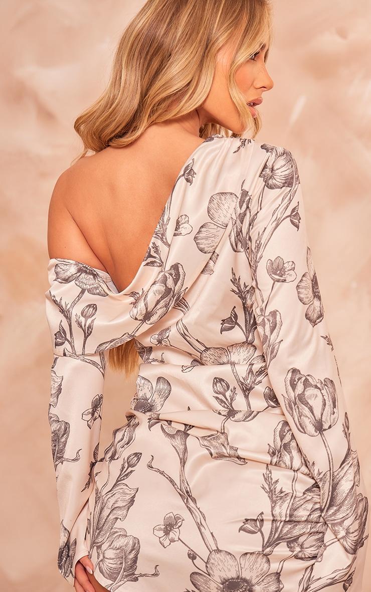 Nude Floral Satin One Shoulder Drape Bodycon Dress Product Image