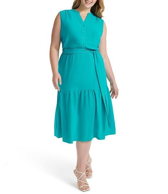 Donna Karan Plus Size V-Neck Button Front Midi Dress Product Image