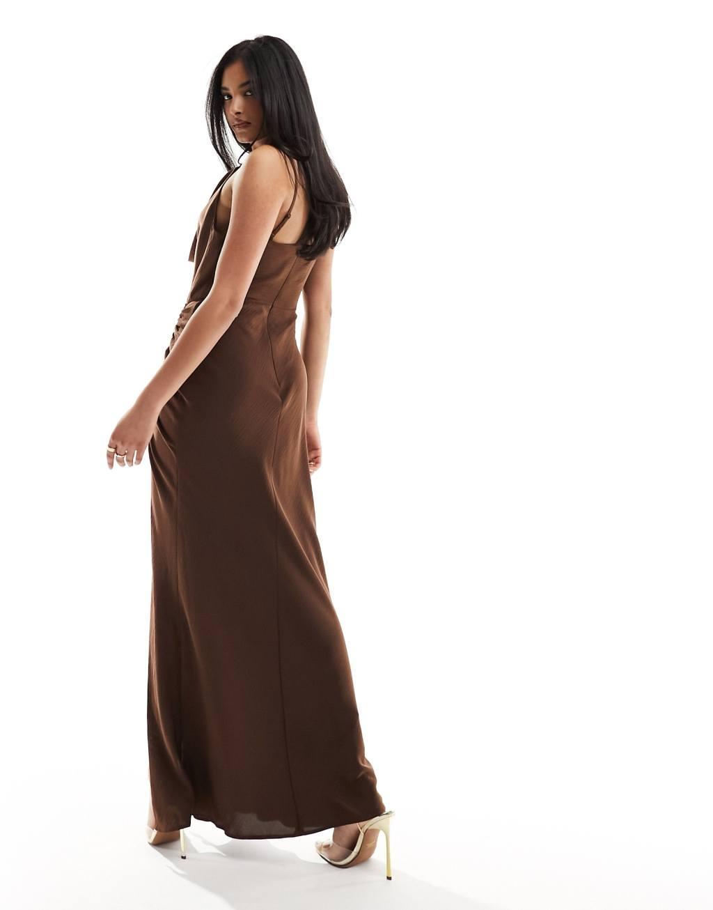 ASOS DESIGN satin cowl neck maxi dress with ruched skirt detail Product Image