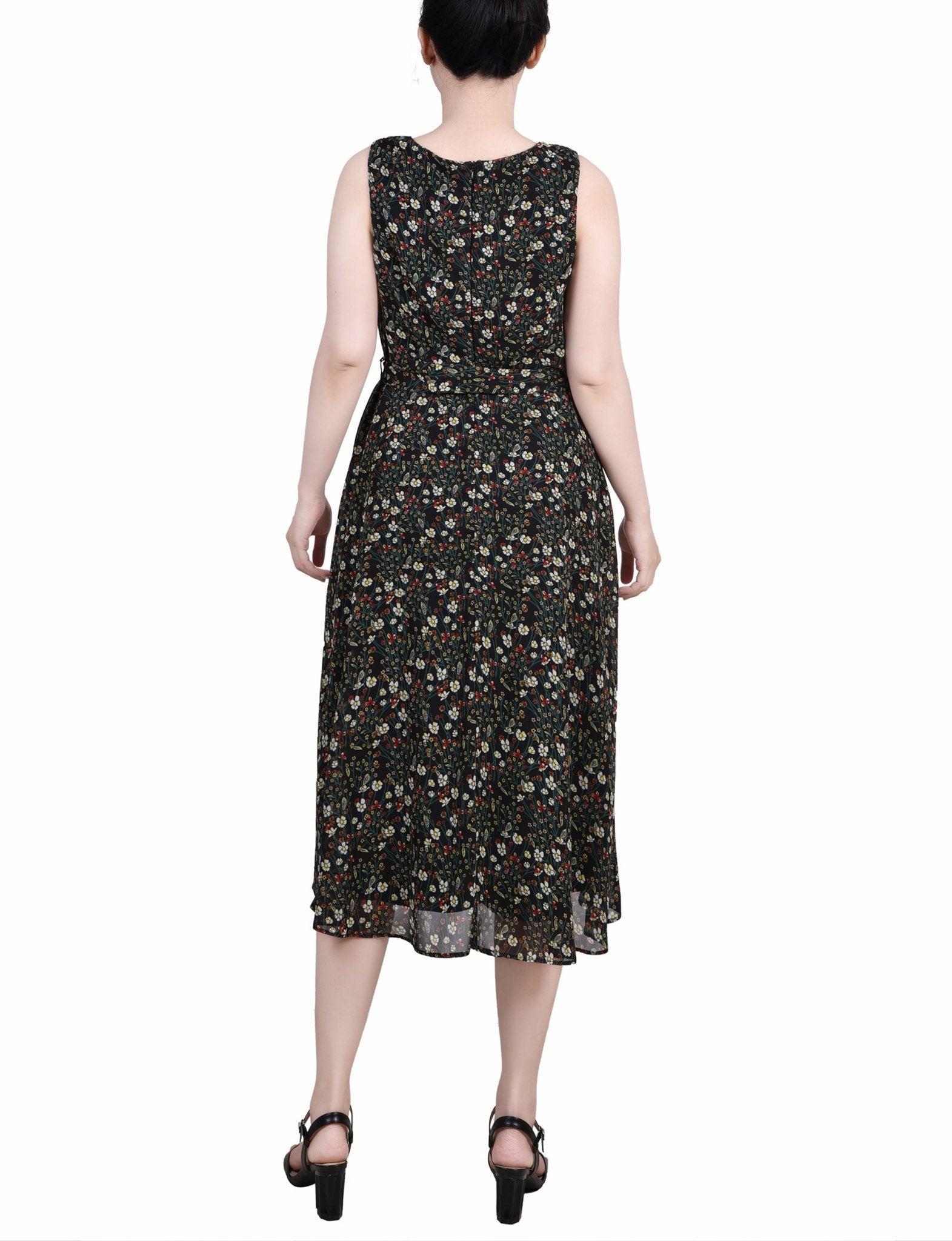 Black Ditsy Floral Sleeveless Chiffon Belted Dress - Petite Product Image