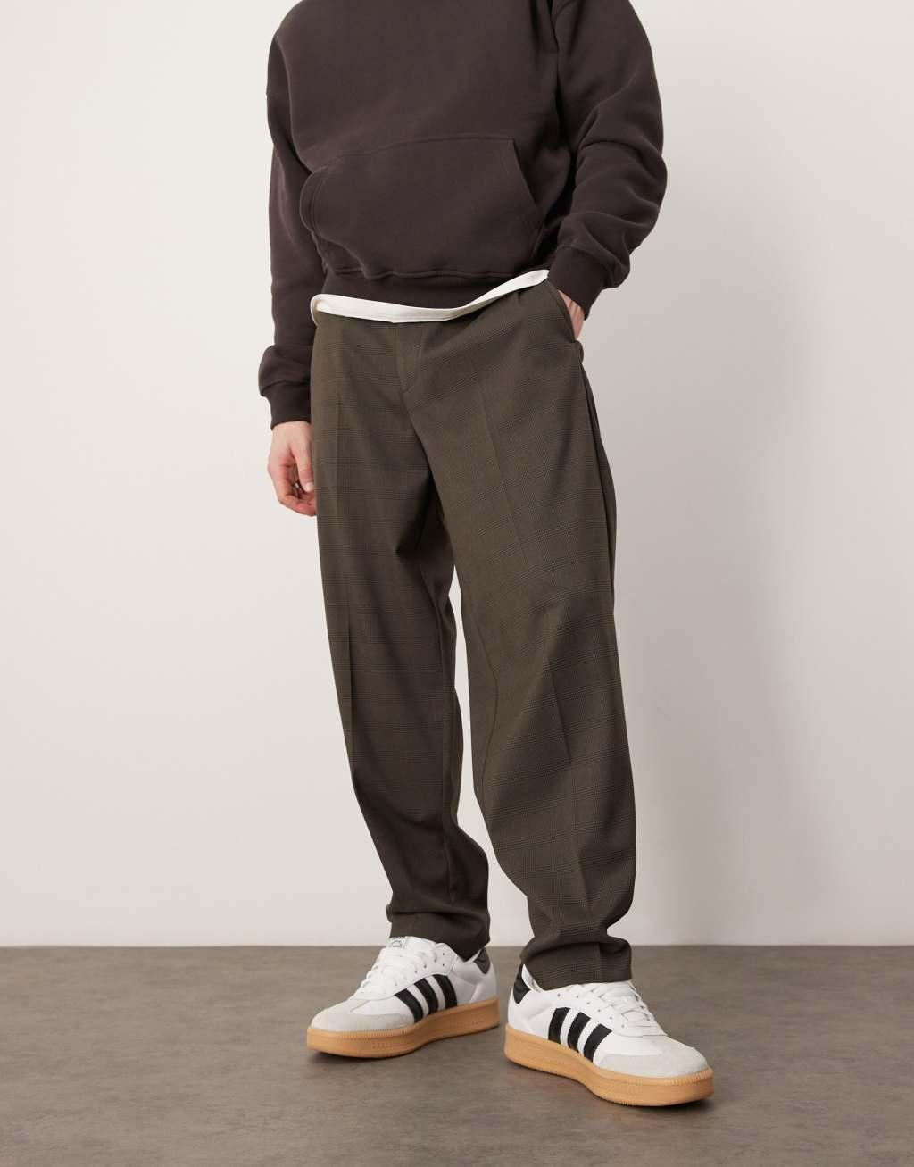 ASOS DESIGN smart oversized tapered pants in brown check with elasticated waist Product Image