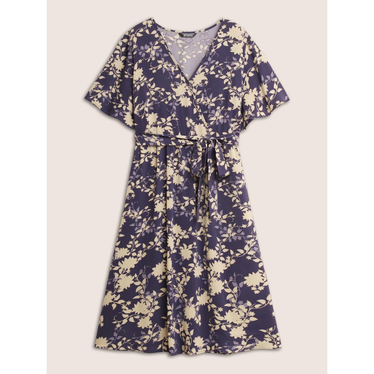 Plus Size Floral Print Overlap Collar Belted Flutter Sleeve Dress Blackcurrant Women Elegant Overlapping Overlap Collar Short sleeve Curvy Midi Dress BloomChic 18-20/2X Product Image