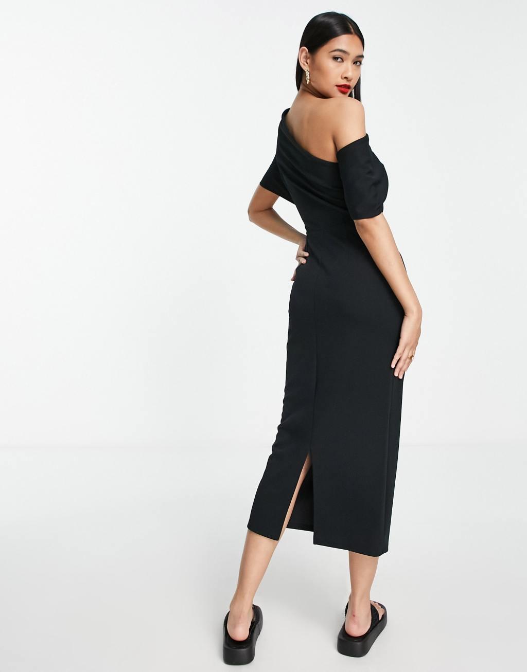 ASOS DESIGN pleated shoulder midi pencil dress in black Product Image