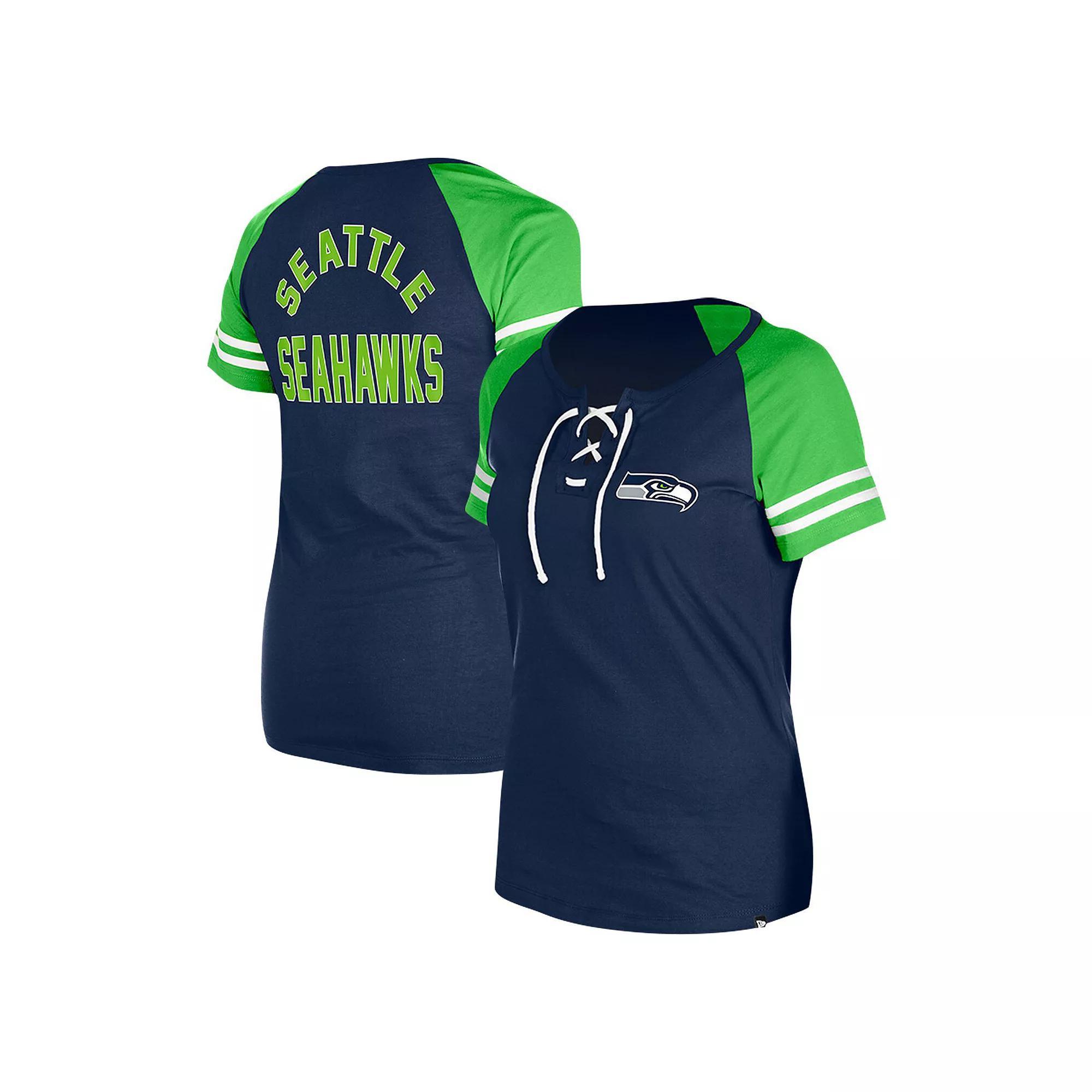 Women's New Era College Navy Seattle Seahawks  Lace-Up Raglan T-Shirt, Size: XS, Blue Product Image