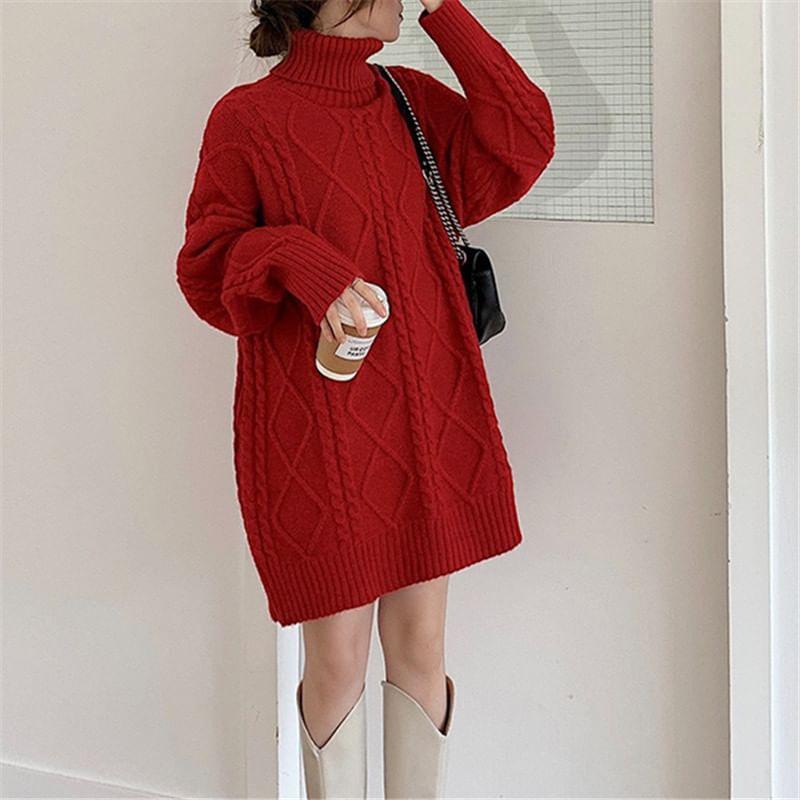 Long-Sleeve Turtleneck Plain Mini Sweater Dress Product Image