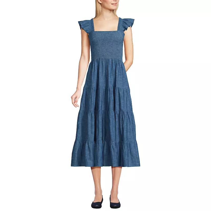 Women's Lands' End Chambray Smocked Ruffle Shoulder Midi Dress,  Product Image