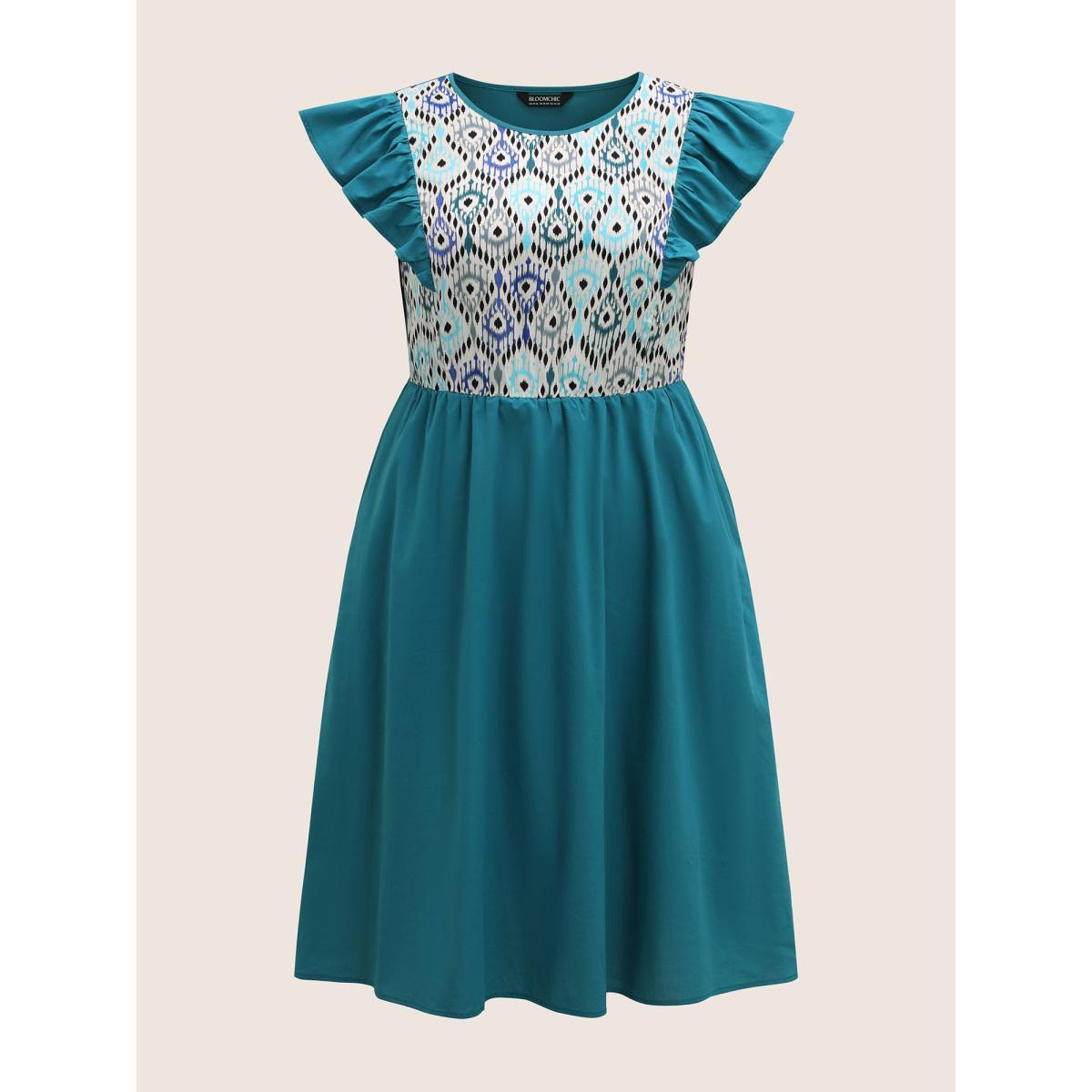 Plus Size Geometric Print Patchwork Cap Sleeve Dress Aegean Women Resort Round Neck Cap Sleeve Curvy BloomChic 10/M Product Image