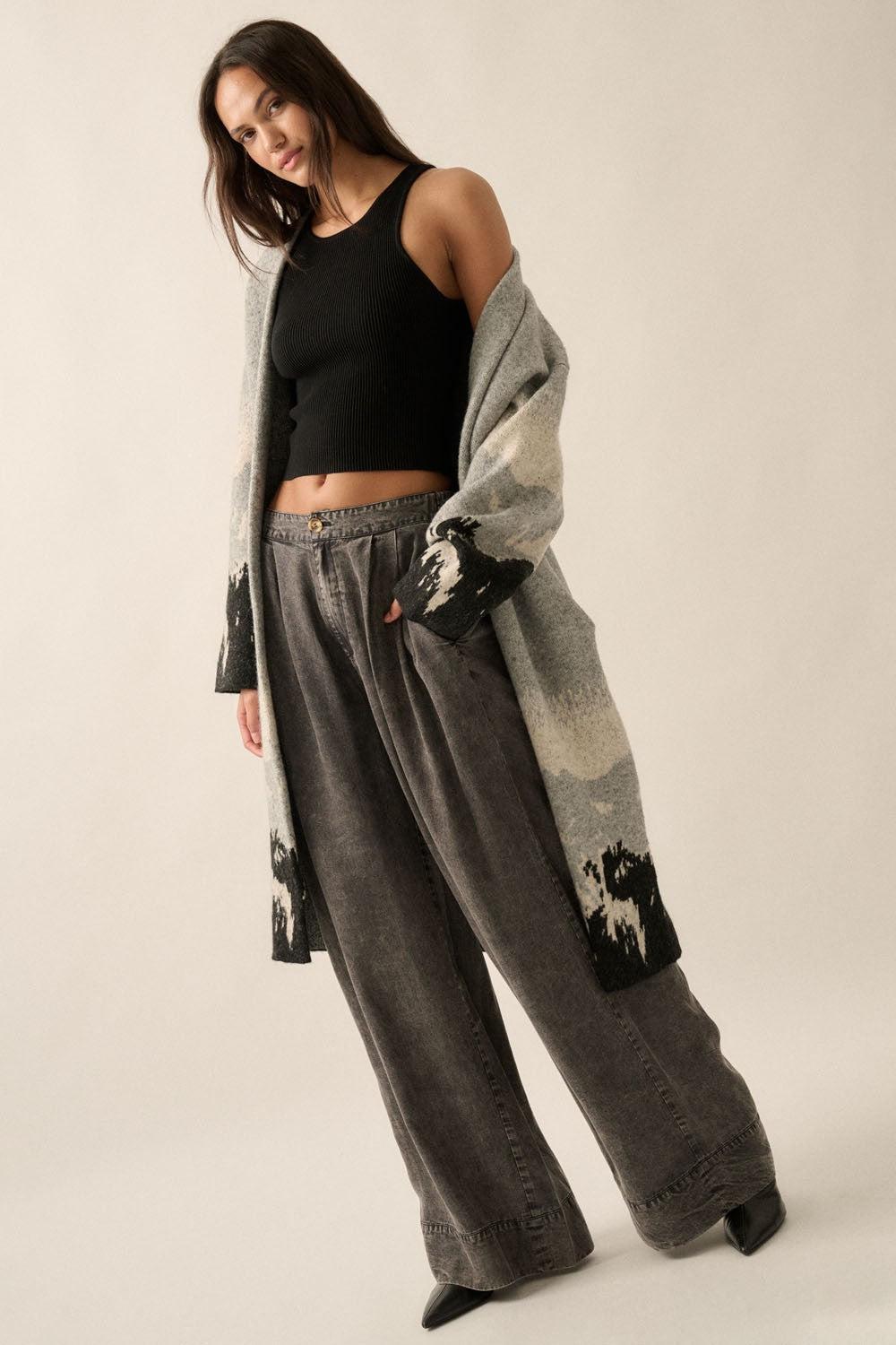 Pleated Wide Leg Light Denim Pants Product Image