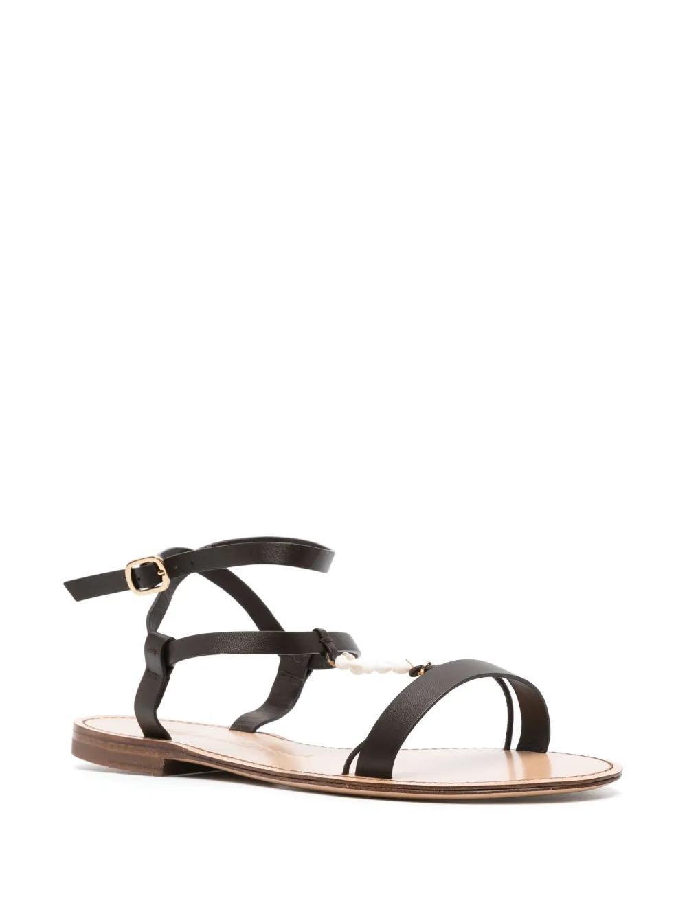 SANTONI Shell T-bar Flat Leather Sandals In Brown Product Image