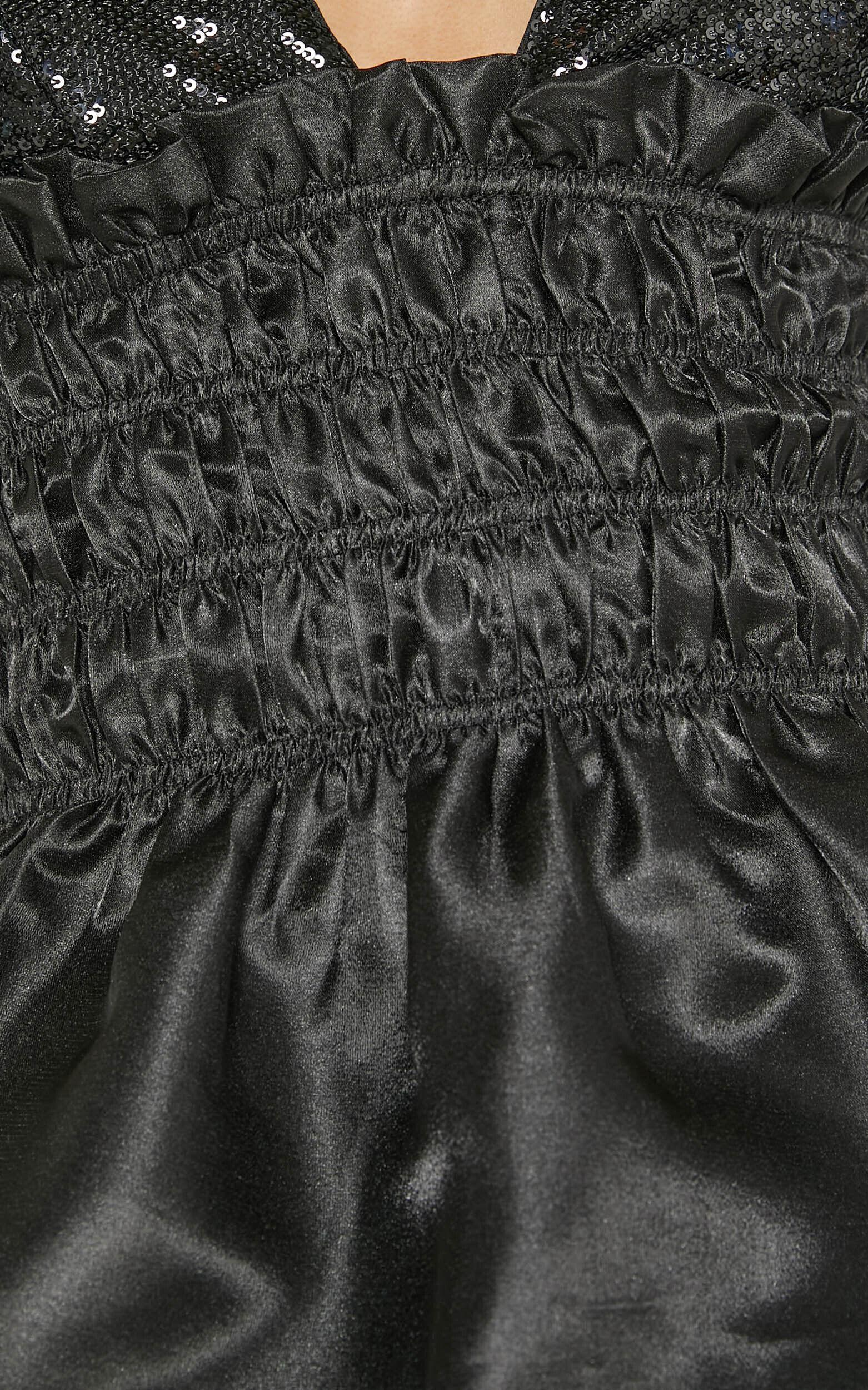 Brunetta Top - Sequin Shirred Peplum Top in Black Product Image