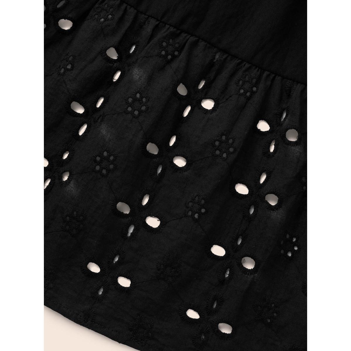 Plus Size Embroidered Flare Cuffs Midi Dress Black Women Resort Woven ribbon&lace trim Notched collar Long Sleeve Curvy BloomChic 14-16/1X Product Image