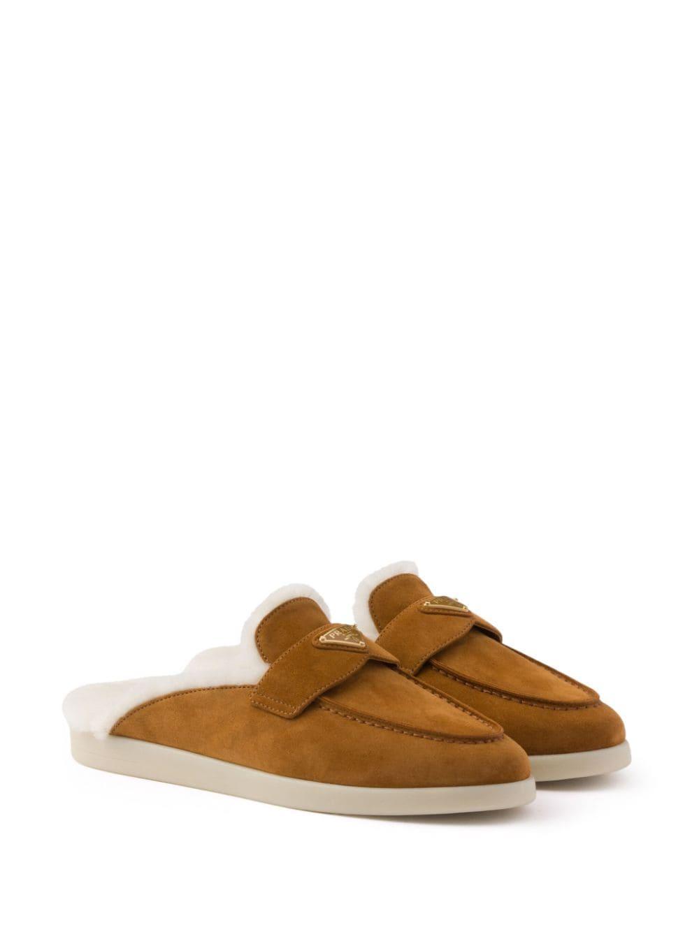 PRADA Womens Brown Brand-plaque Suede And Shearling Mules Product Image