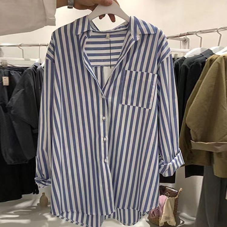 Long-Sleeve Striped Pocket Detail Shirt Product Image