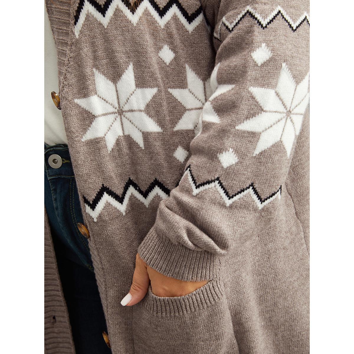 Plus Size Supersoft Essentials Geometric Button Through Cardigan LightBrown Women Casual Loose Long Sleeve Dailywear Cardigans BloomChic 18-20/2X Product Image