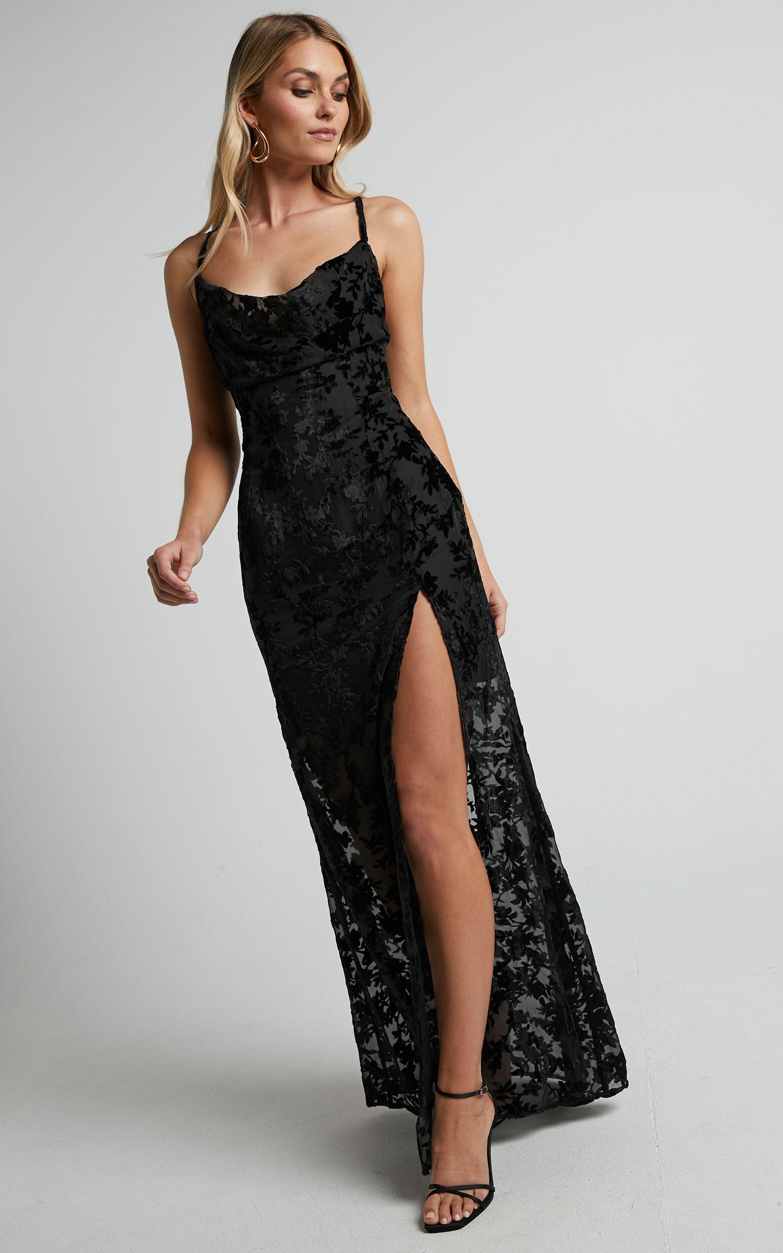 Aletta Maxi Dress - Cowl Cross Back Dress in Ebony Burn Out Floral Product Image