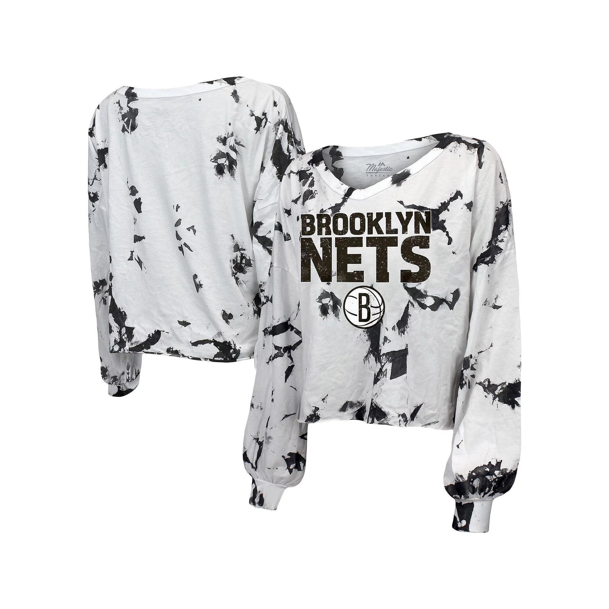 Womens Majestic Threads Brooklyn Nets Aquarius Tie-Dye Cropped V-Neck Long Sleeve T-Shirt Product Image