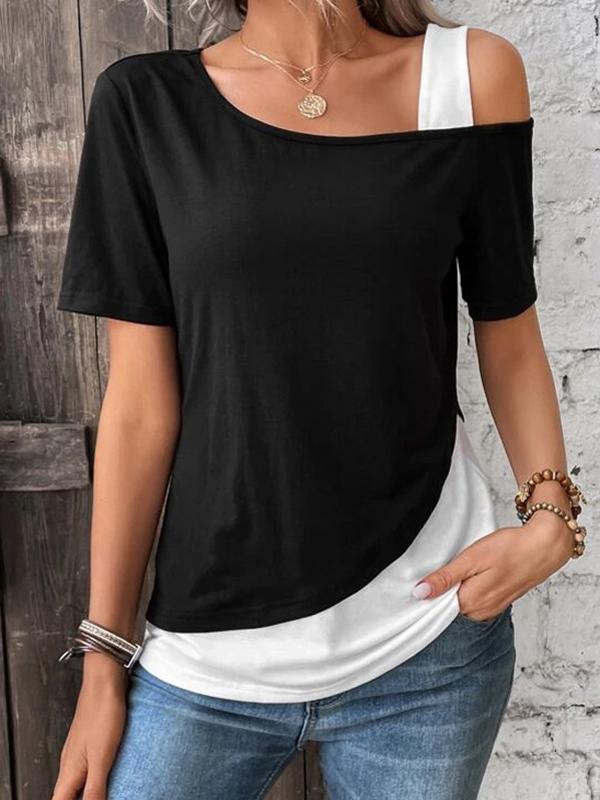 Loose Short Sleeves Asymmetric Contrast Color Split-Joint Cold Shoulder T-Shirts Tops Product Image