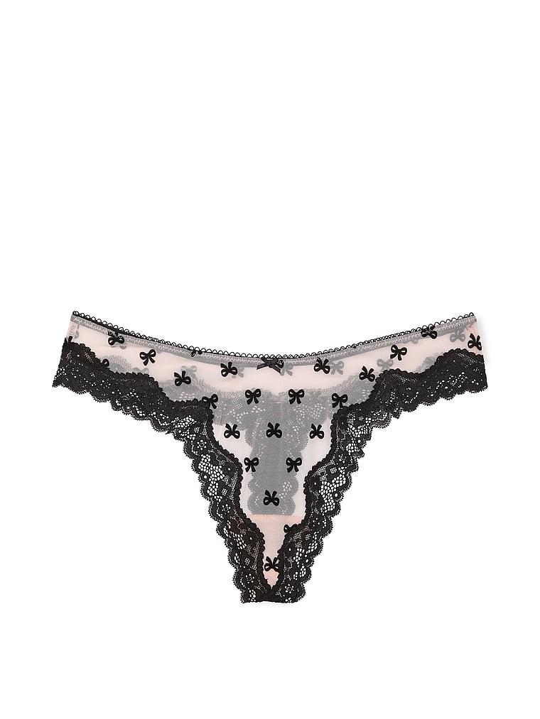 Tease Mesh Lace-Trim High-Leg Thong Panty Product Image